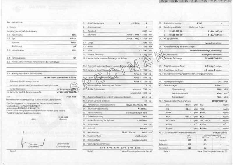 Exemple certificat de conformité Mini Autre modèle